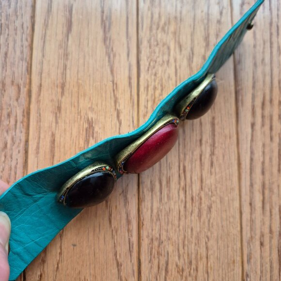 Fossil Leather Bracelet Cuff Bracelet Turquoise with Three Large Cabochon Stones - Picture 3 of 9